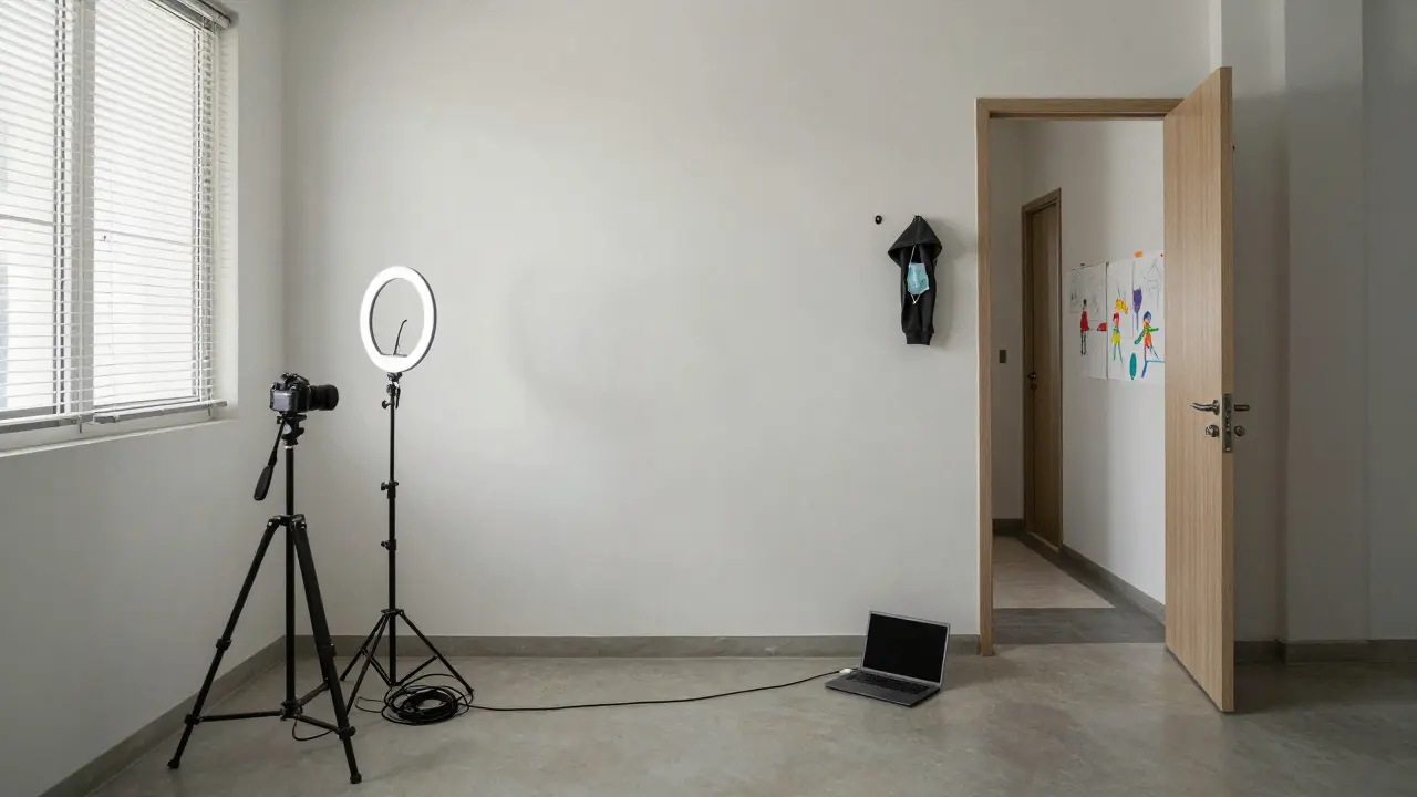 Empty content creation studio with camera and mask hanging nearby, hinting at hidden activity.
