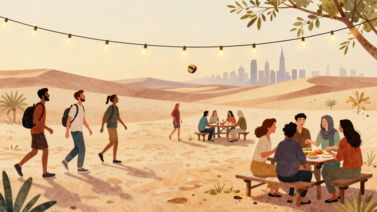 Expat community enjoys a desert gathering with laughter, food, and sports under string lights.