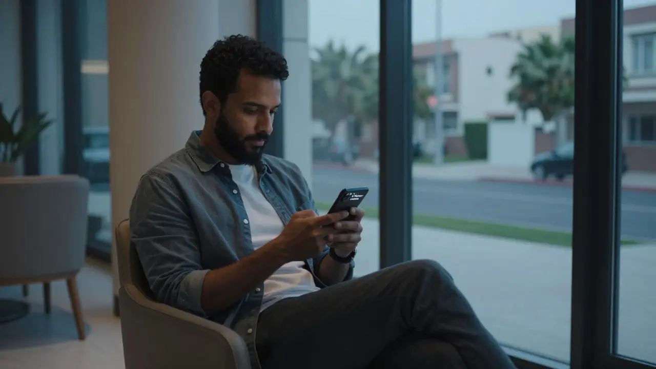 Expat confirming a massage appointment via text outside a private residence in Jumeirah, evening light, serene atmosphere.