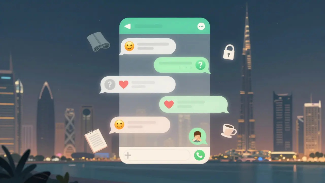 Floating digital chat interface with symbolic icons representing expat relationship discussions above Dubai’s skyline at night.