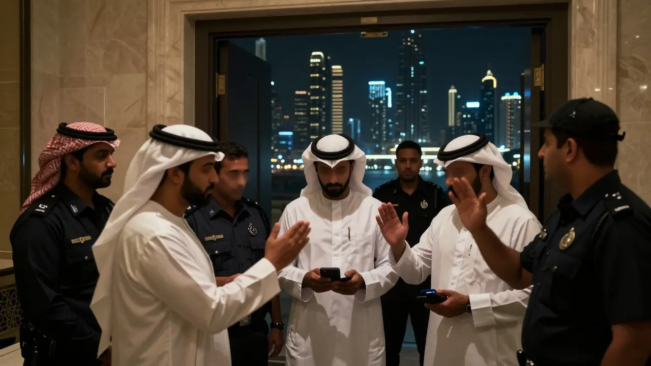 Foreign tourists being escorted out by security, phones confiscated, as a hidden door closes behind them in Dubai.
