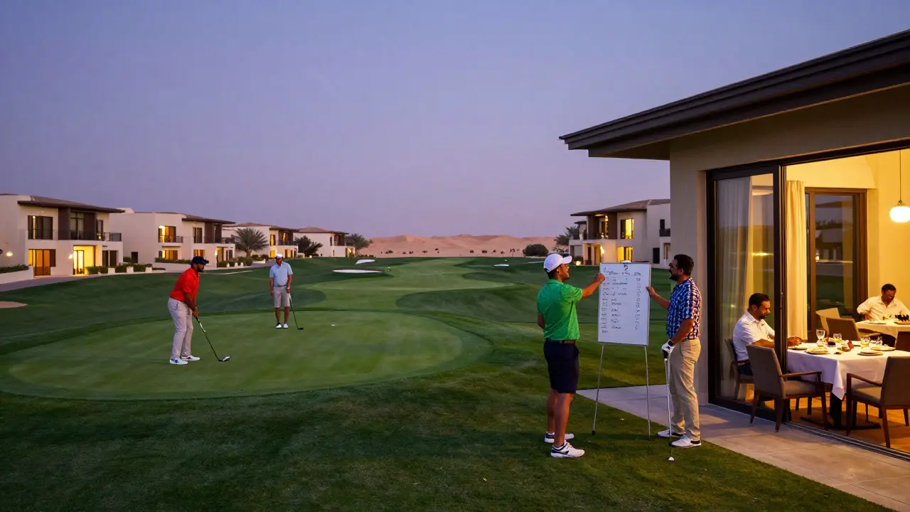 Four golfers competing on a scenic desert course with private dining room visible in twilight.