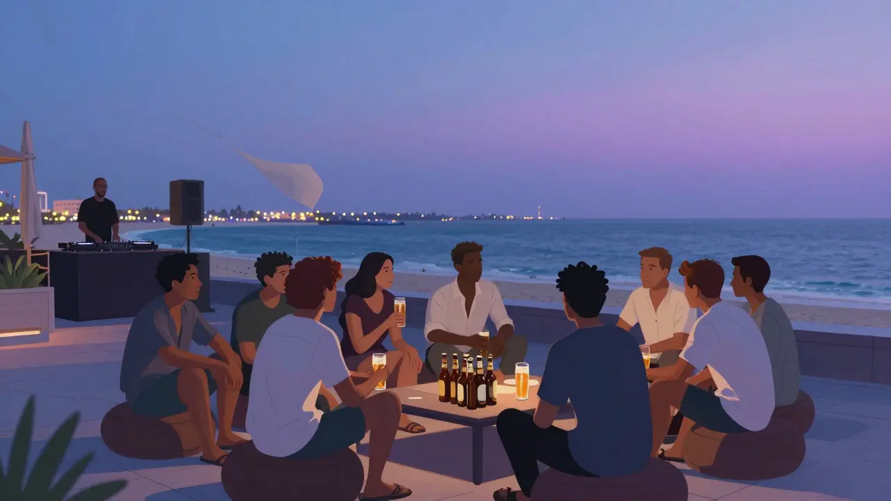 Friends relaxing on a rooftop at JBR at twilight with ocean views and live music.