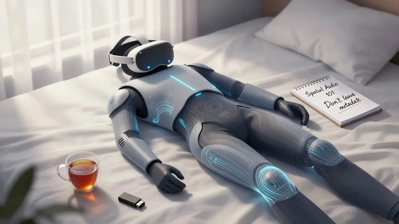 Futuristic haptic VR suit and headset on a bed with notes about privacy and spatial audio.
