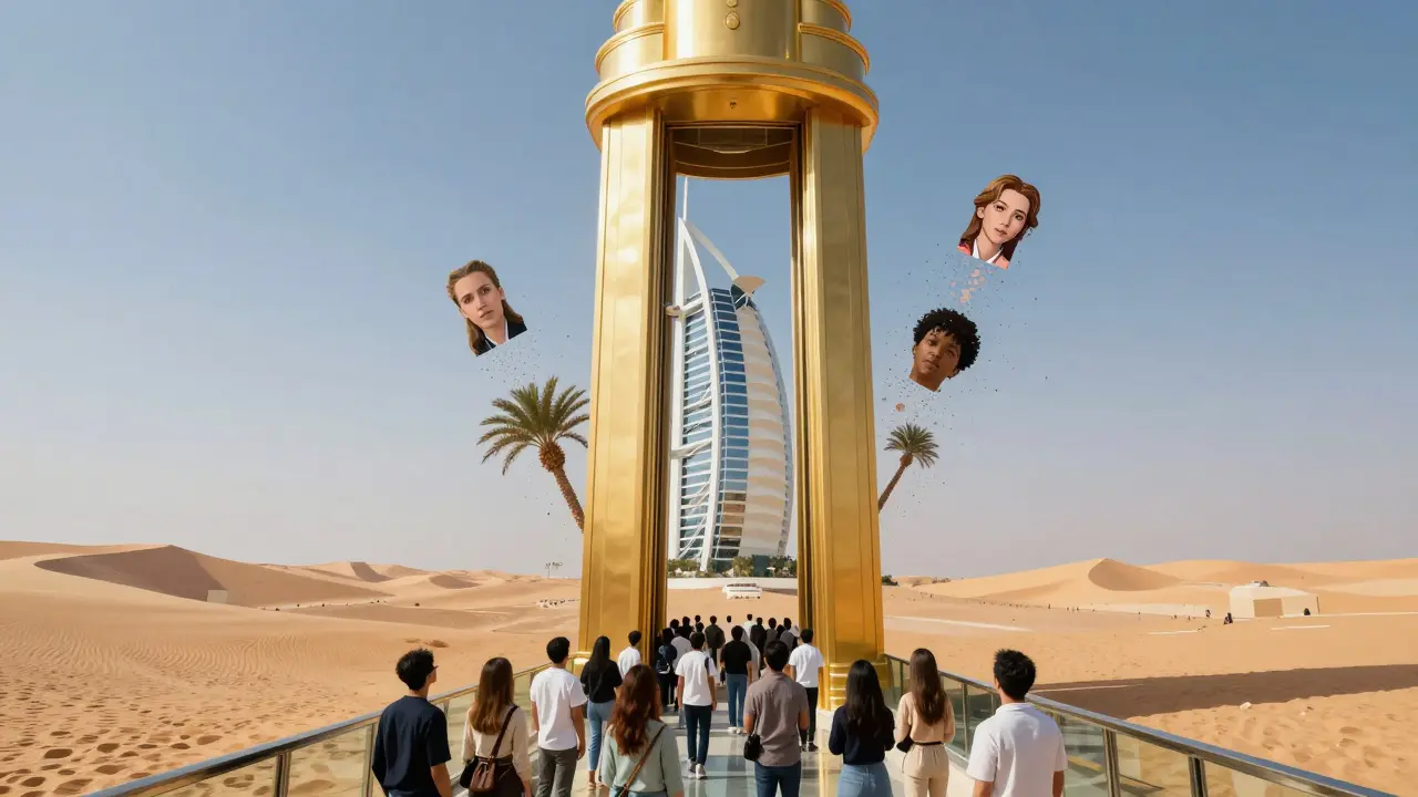 Golden elevator rising through desert sky with floating fragmented images of Dubai landmarks dissolving into dust.