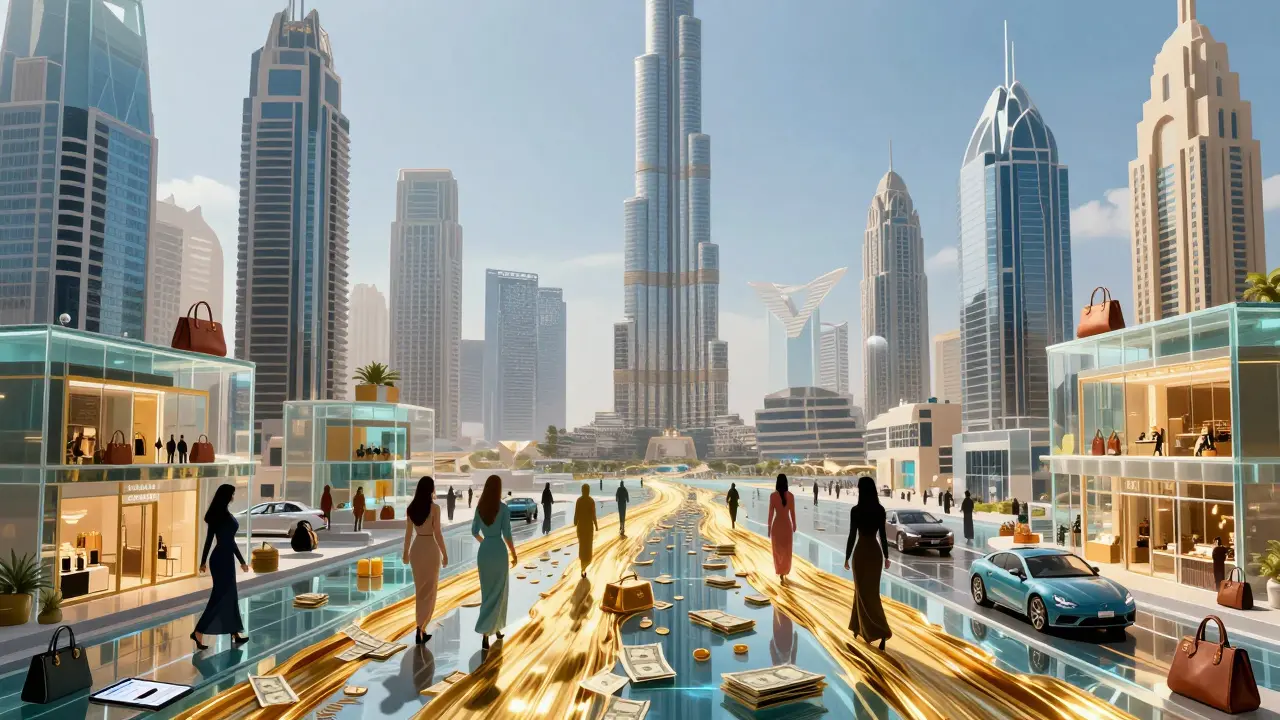Golden financial flows powering luxury businesses in Dubai, with silent female figures integrated into the city's infrastructure.