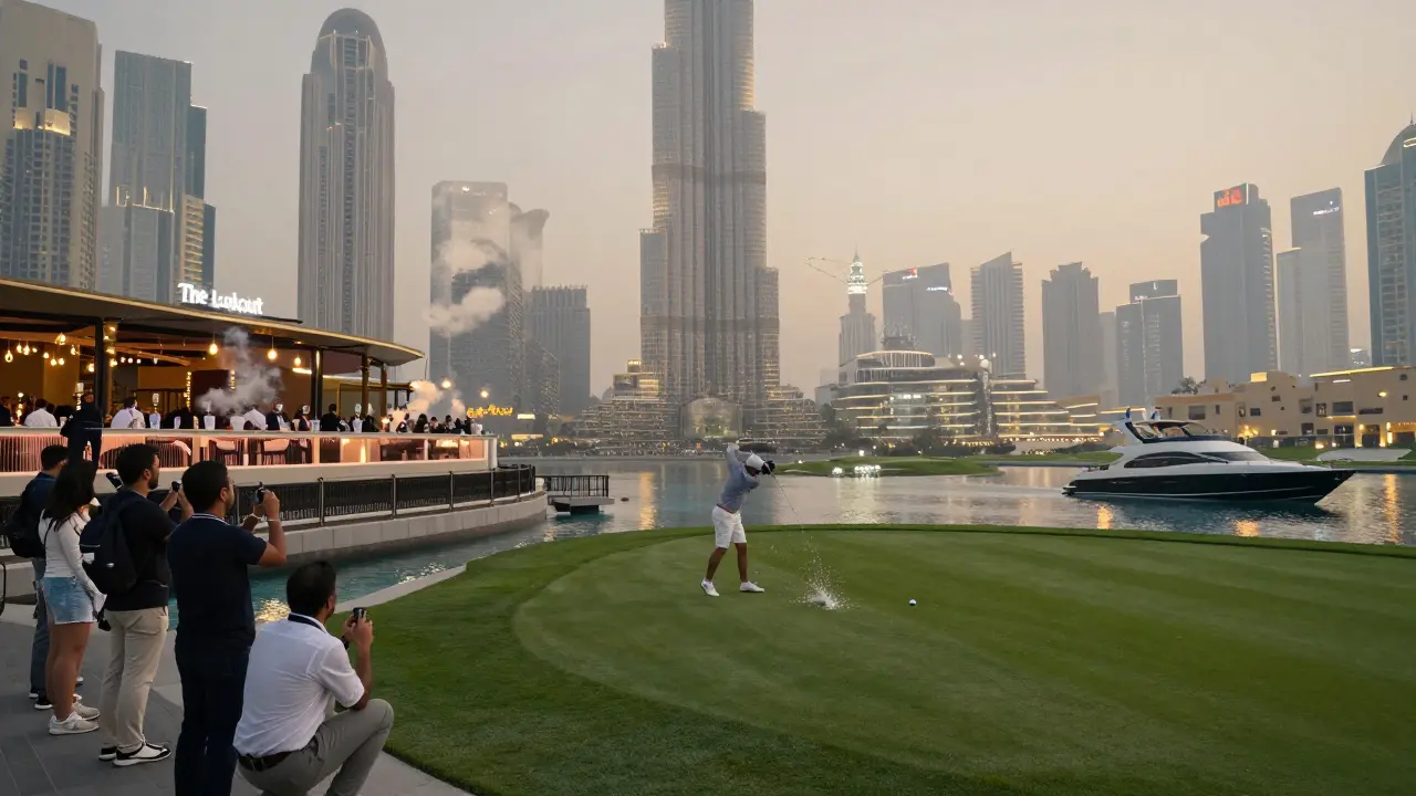 Golfer hitting shot over water to island green with Burj Khalifa in distance and yacht nearby.