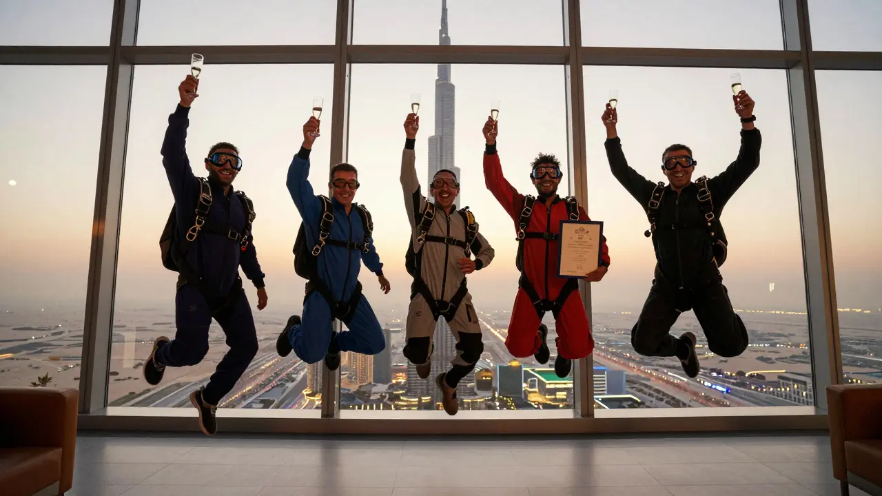 Group of men celebrating with champagne at Burj Khalifa's At.mosphere lounge after skydiving.