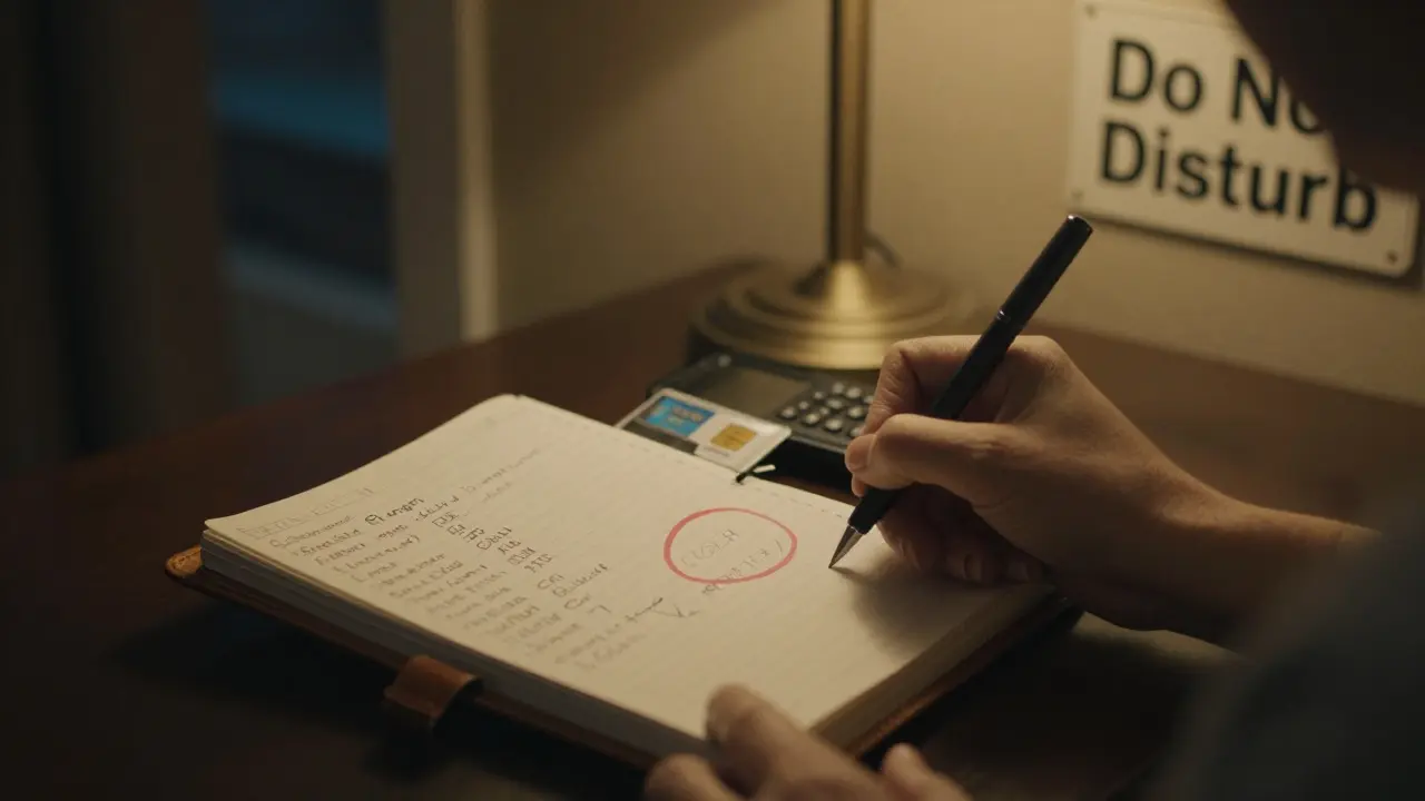 Hand writing emergency contacts and a code word in a leather notebook beside a burner phone.