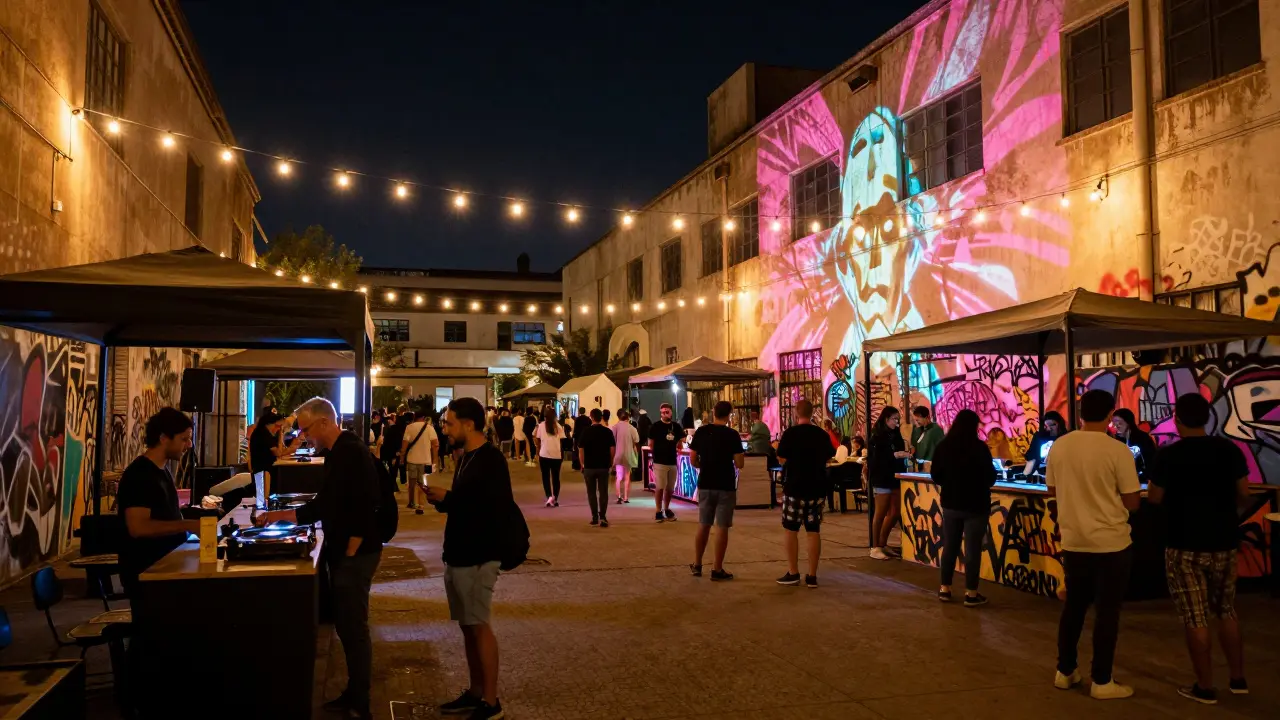 Industrial art walk at night with pop-up bars, live music, and vibrant graffiti under string lights.
