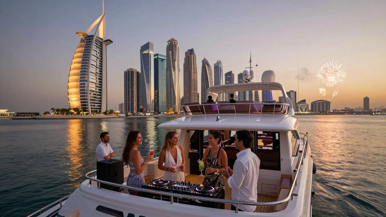 Luxury yacht cruising Dubai Marina at sunset with fireworks exploding over the skyline.