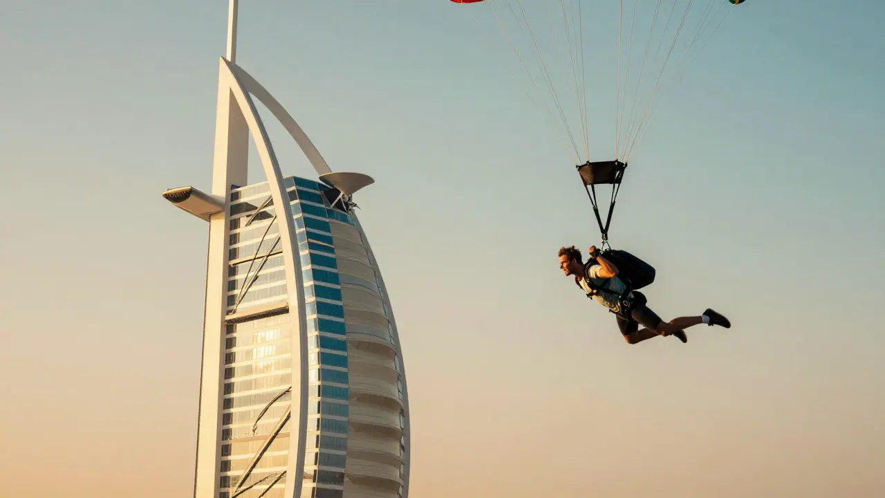 Man free-falling past Dubai's Palm Jumeirah and Burj Al Arab with parachute deploying above.