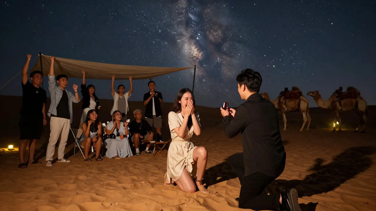 Man proposing on a dune at night under the Milky Way, friends cheering, camel caravan silhouetted in background, camp lights glowing below.