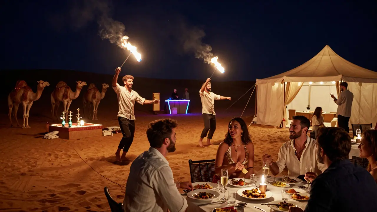 Men dancing with belly dancers at a desert camp under starry skies, fire performers twirling flames, and shisha lounges glowing warmly.