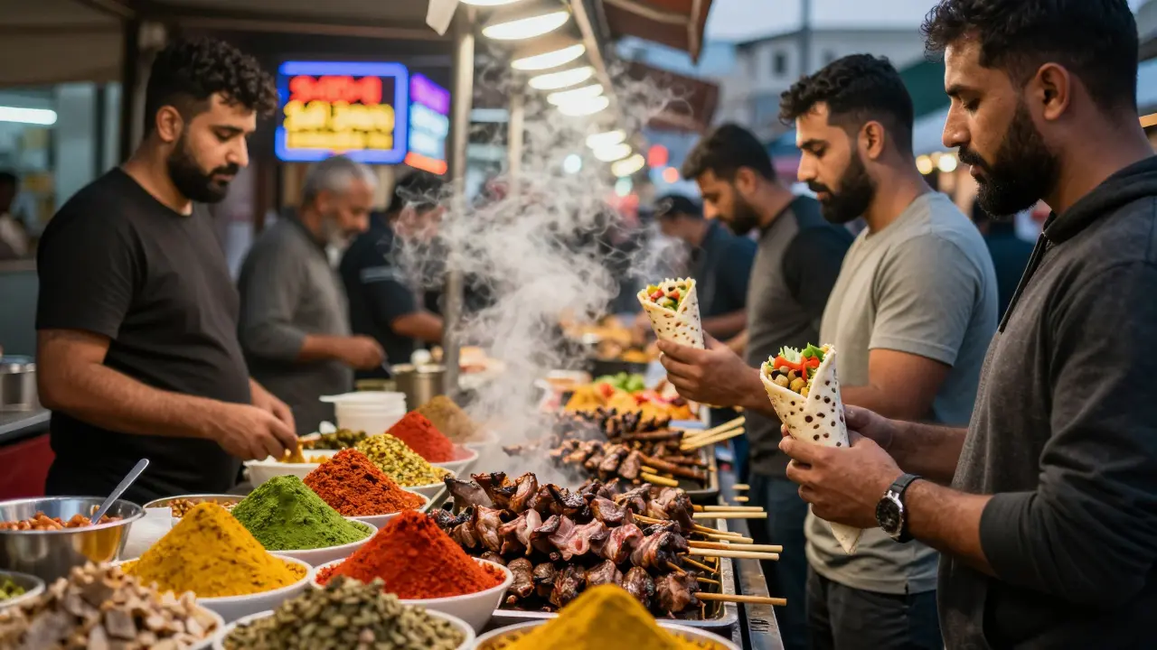 Men enjoying street food at Karama Market with shawarma and falafel under glowing lights.