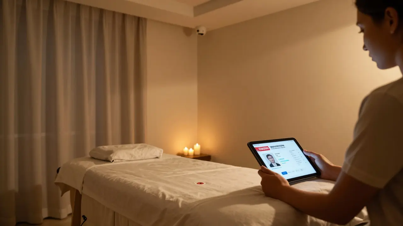 Modern massage room with hidden panic button and Emirates ID scanning for safety verification.