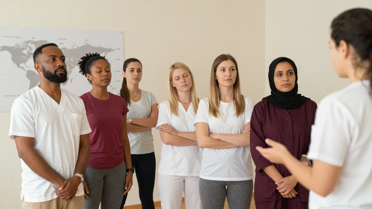 Multicultural massage therapists in Dubai learning to read nonverbal client cues during cultural competency training.