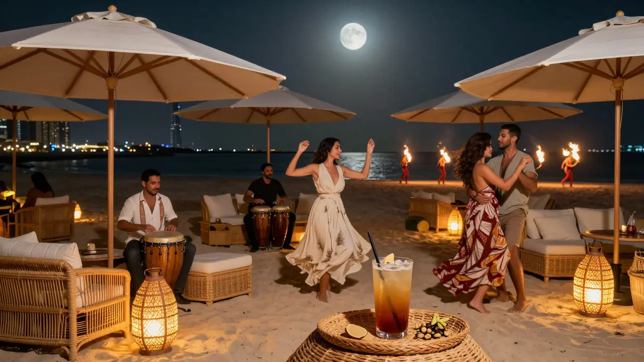 Nikki Beach Dubai under a full moon with dancers, rattan furniture, and lantern-lit boho luxury.