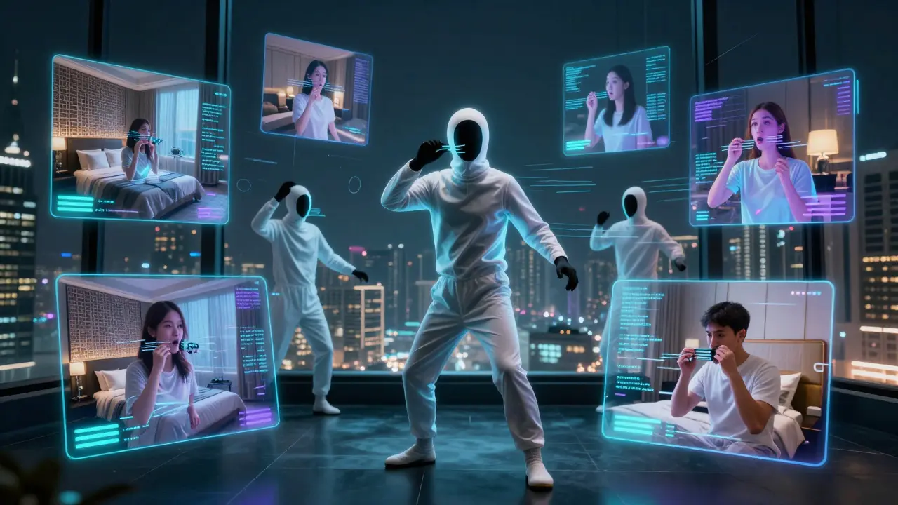 Performer in motion-capture suit surrounded by holographic digital clones in virtual luxury environments.