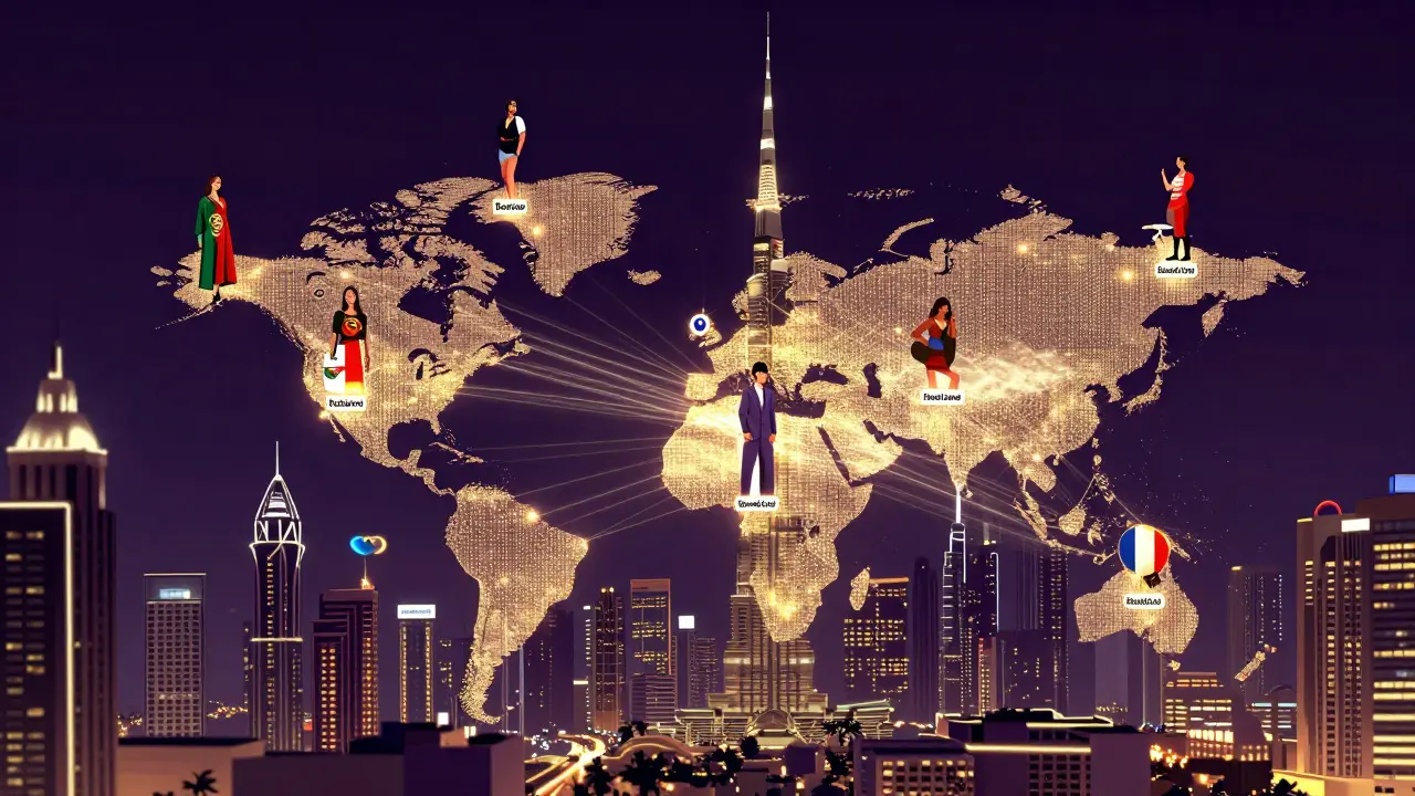 Performers across the world are linked by digital threads pointing to Dubai’s skyline, symbolizing invisible revenue flows.