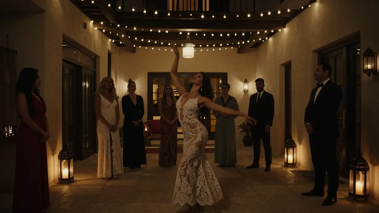 Private villa party in Dubai with a gracefully dancing woman in a gown, lit by lanterns, discreetly observed by staff.