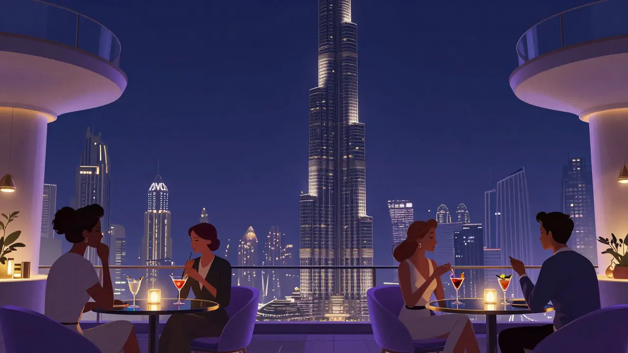 Sky lounge with panoramic view of Burj Khalifa, guests sipping cocktails as the city sparkles below.