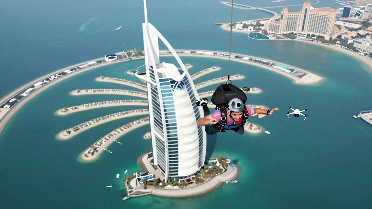 Skydiver freefalling above Palm Jumeirah with Atlantis hotel visible below.