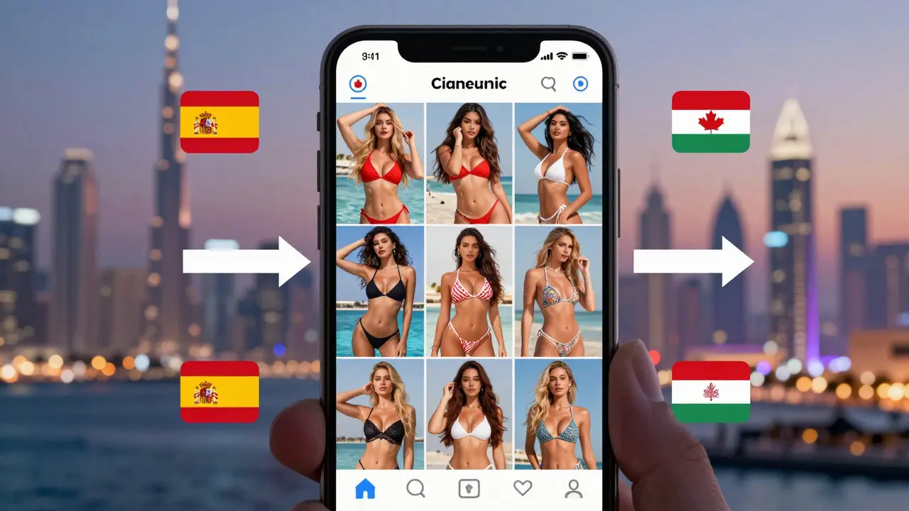 Social media profiles of Dubai influencers being scouted by international producers, with global flags indicating relocation.