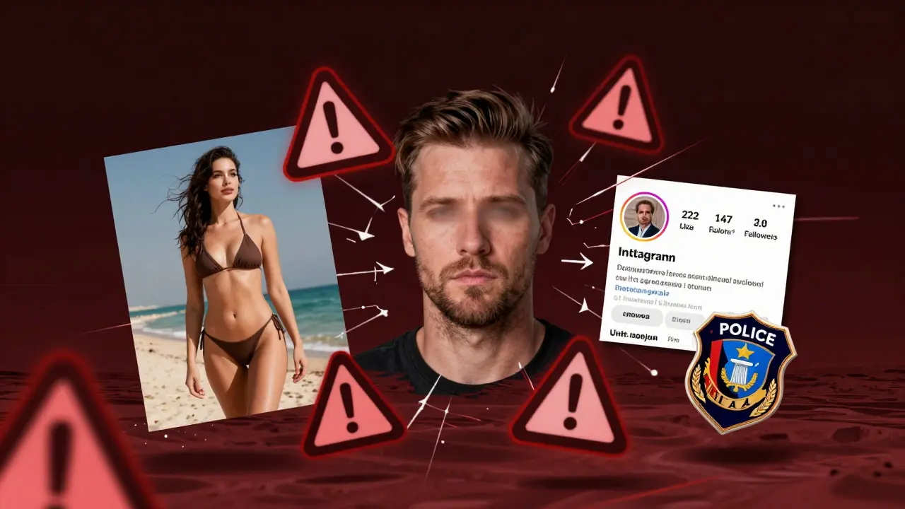 Surreal collage of beach photos, blurred performers, and police symbols in a digital void.