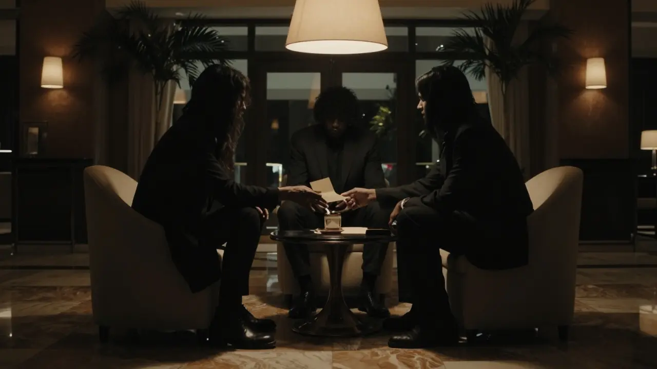 Three anonymous figures exchange a note in a luxury hotel lobby under harsh light, shadows concealing their identities.