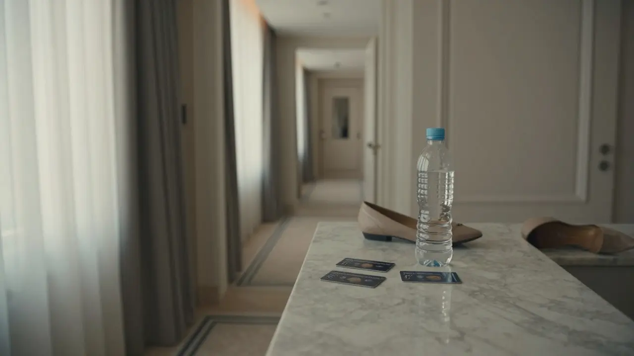 Three keycards and a pair of heels lie abandoned on a hotel hallway counter at dawn.