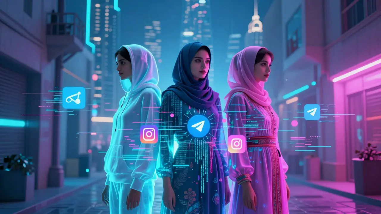 Three translucent women in cultural attire dissolving into digital icons, with Dubai’s skyline in the background.