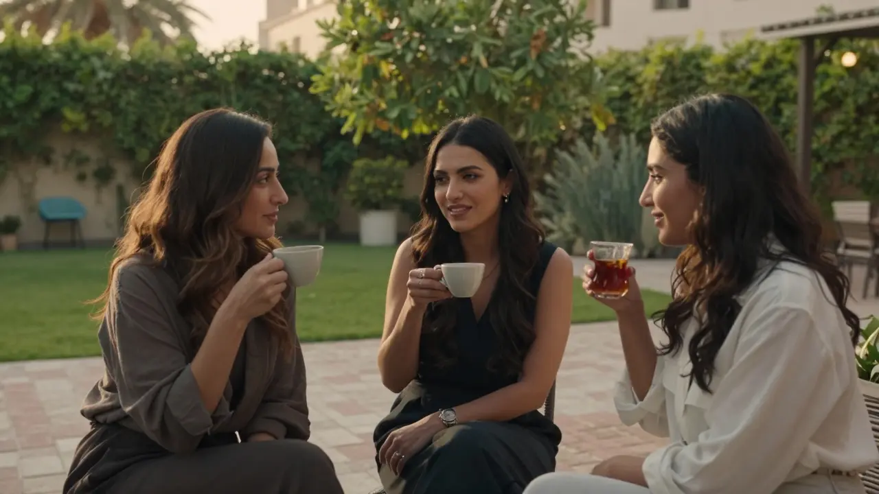 Three women sharing a quiet moment of connection in a garden courtyard, sipping tea.
