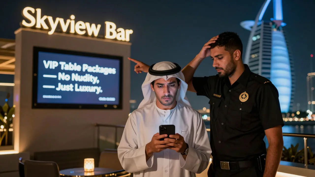Tourist confused outside a Dubai nightclub as hotel staff directs them to a legal VIP lounge with a 'No Nudity' sign.