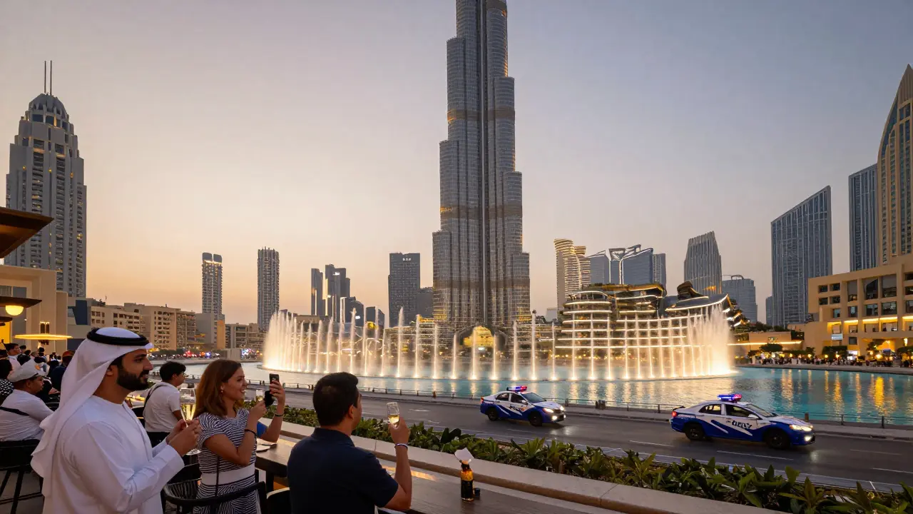 Tourists enjoying the Dubai Fountain at dusk near a rooftop restaurant, police car in distance, city lights glowing.