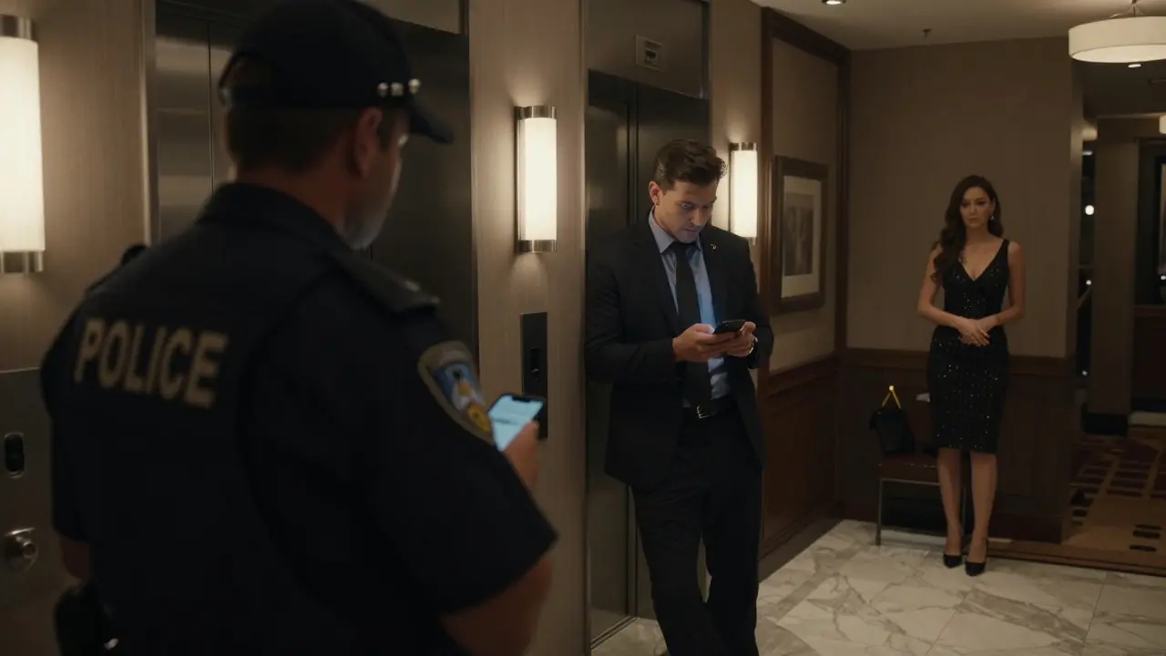 Undercover police monitor a hotel lobby as a man and woman exchange nervous glances.