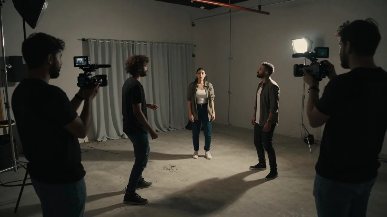 Underground film crew shooting unscripted moments in a Dubai apartment, no nudity visible, professional atmosphere.