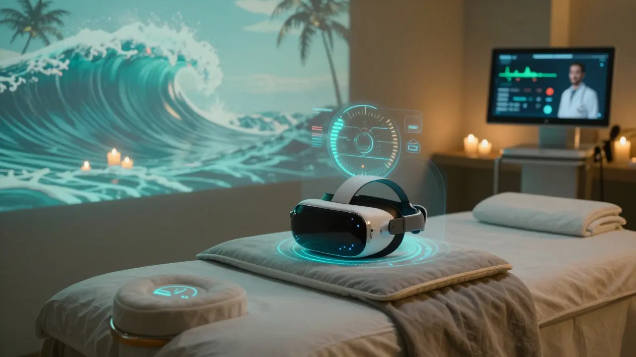 VR headset and smart massage cushion in a serene spa, displaying biometric feedback and holographic visuals.