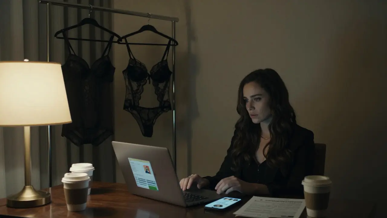 Woman in hotel room surrounded by rented clothing, looking at laptop with analytics, isolated and quiet.
