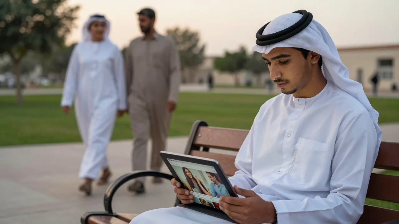 Young Emirati student contemplating global relationship images on a tablet, while an expat couple walks distantly in the background.