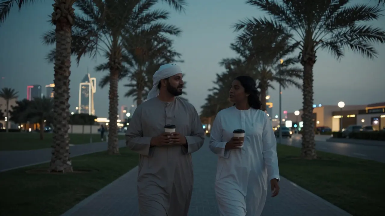 A couple walking peacefully in a Dubai park at dusk, maintaining respectful distance under palm trees.