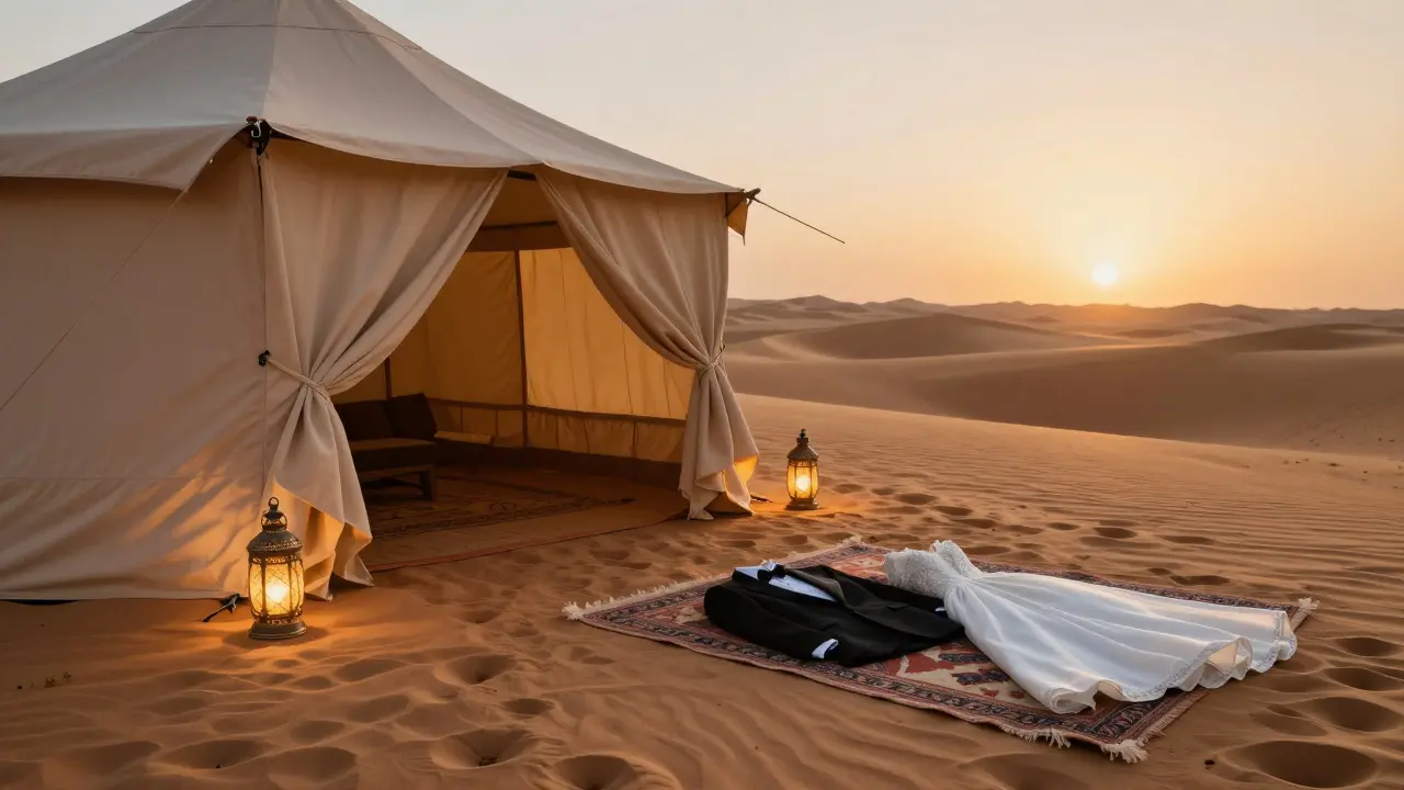 A desert tent at sunrise, footsteps leading into dunes, formal clothes laid out on a rug as light rises.