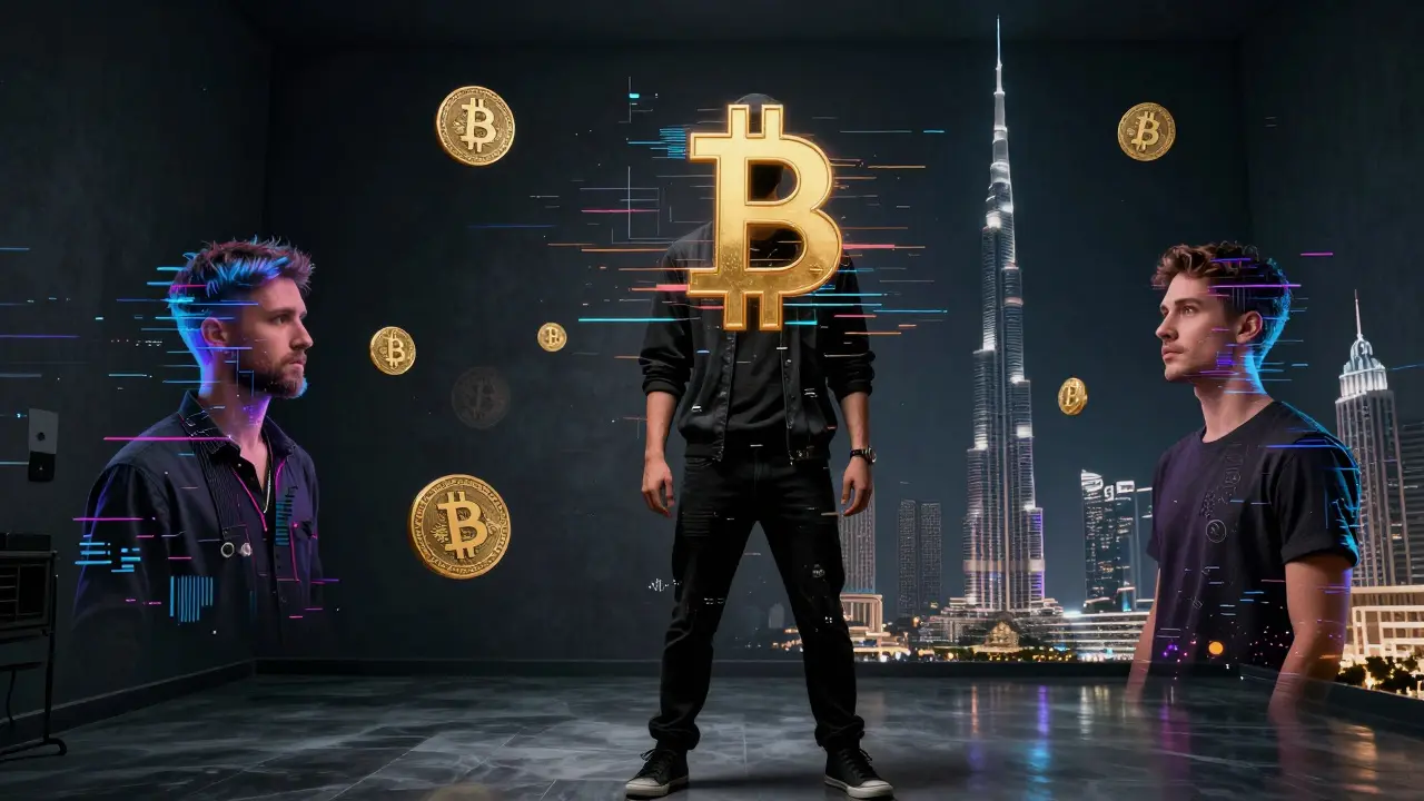 A glitch-art collage of faceless performers, Bitcoin symbols, and Dubai landmarks blending into digital fragments.