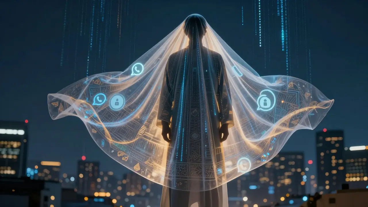 A glowing veil made of digital code and Arabic patterns floats over a person silhouetted against a city skyline, symbolizing privacy and identity.