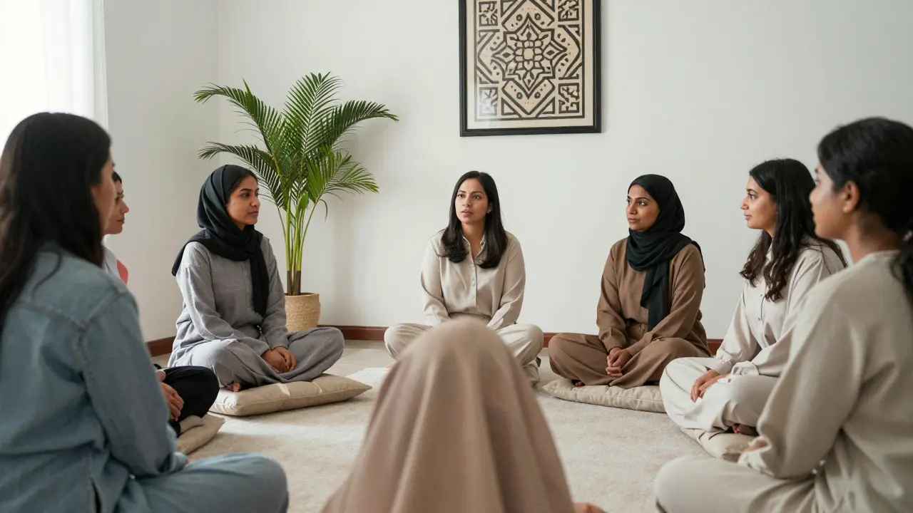 A group of women from different backgrounds in a private therapy session, sharing quietly in a peaceful setting.
