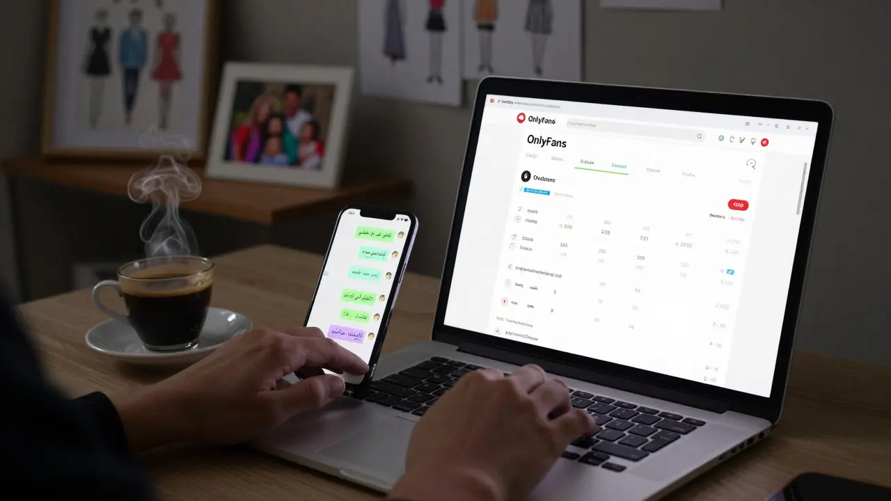 A hand types on a laptop showing adult content earnings, encrypted messages on phone, Arabic coffee nearby in a quiet home office.