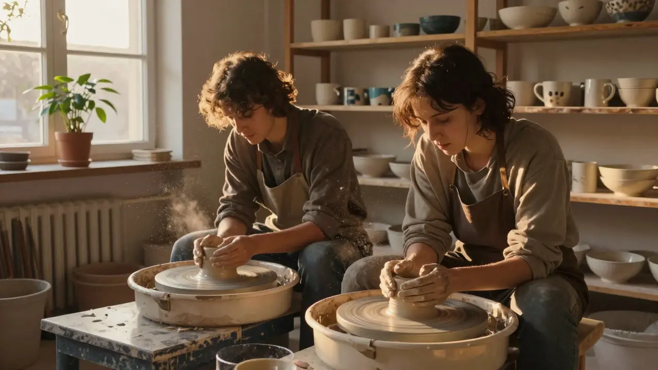 A man and woman working together at a pottery wheel in a sunlit studio, focused on their craft.
