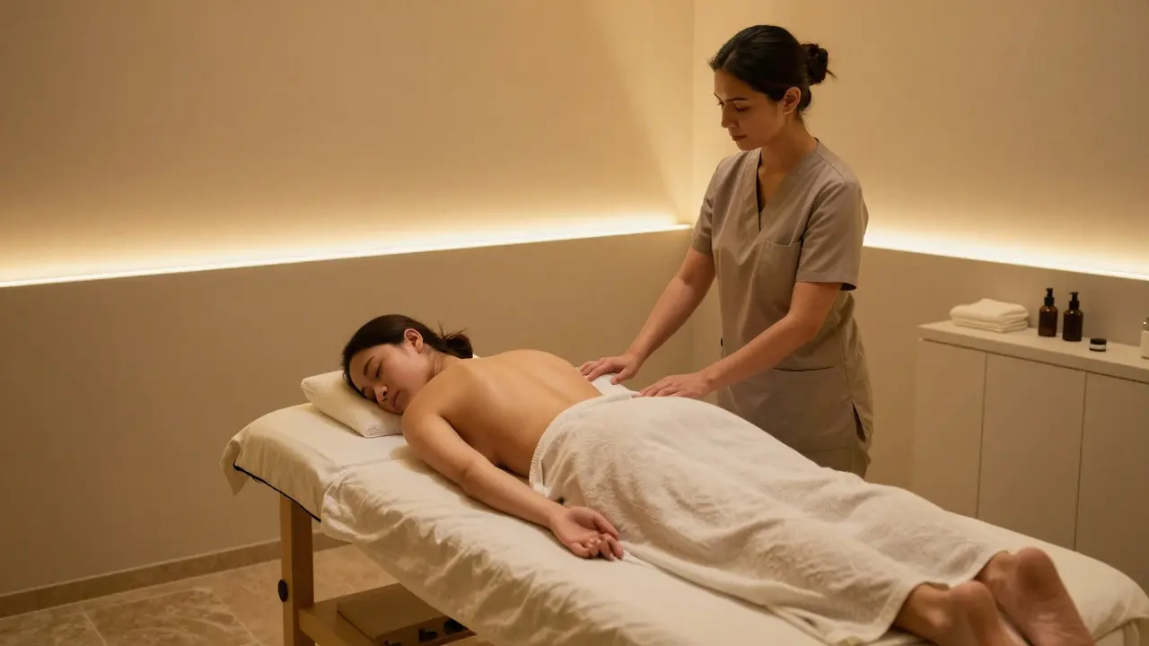 A professional massage session in a quiet luxury suite, therapist adjusting pillows, client relaxed on table.