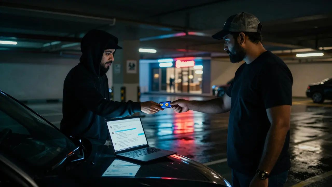 A secretive exchange in a Dubai parking garage: a performer hands a crypto card to a middleman, laptop displaying encrypted messages.