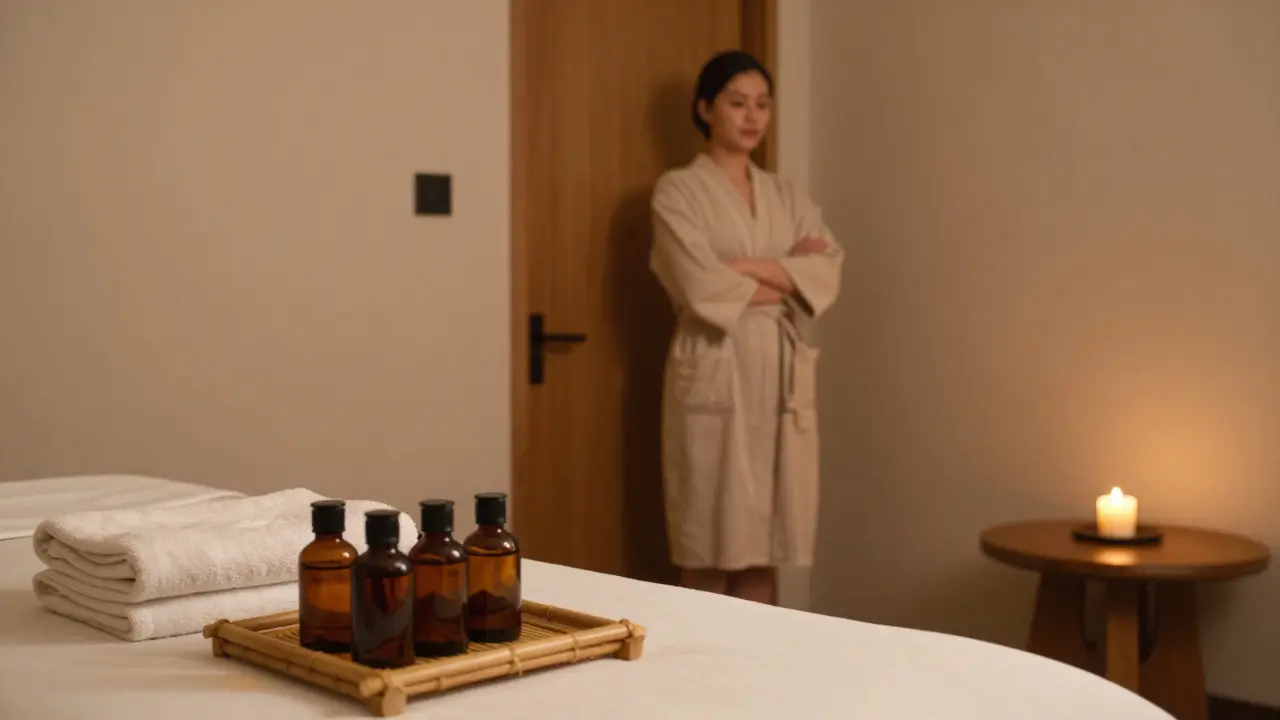 A serene, minimalist massage room with fresh linens, candles, and a respectful provider standing quietly.